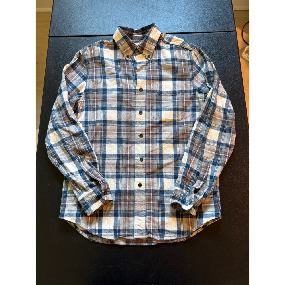 LL Bean Traditional Fit Plaid Flannel Shirt Mens Small Blue Brown 228061